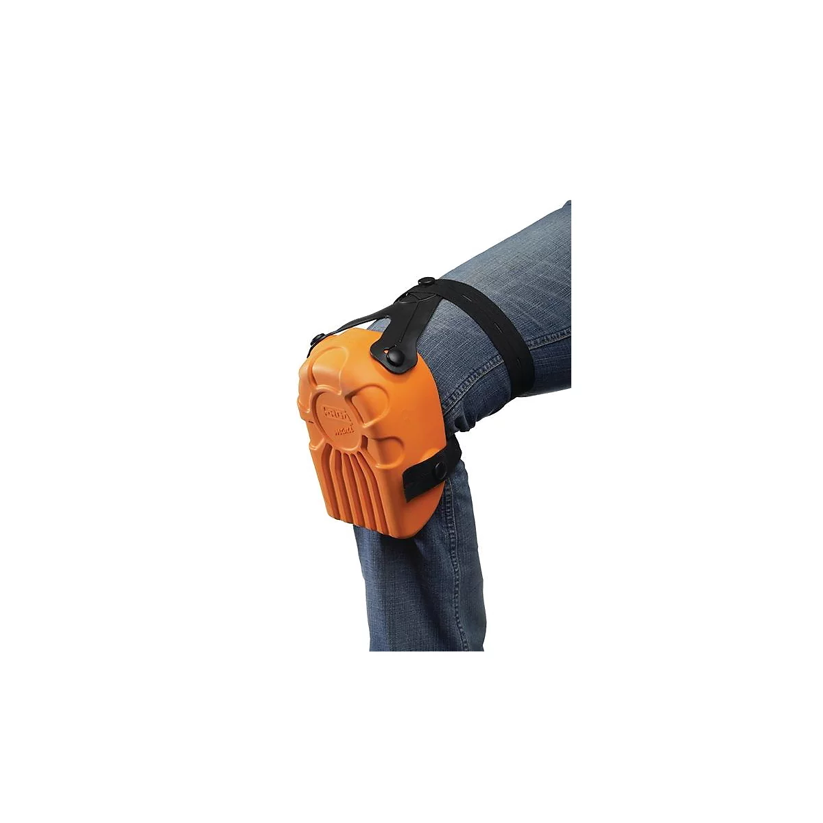 Genouillères orange fixées à un jean.