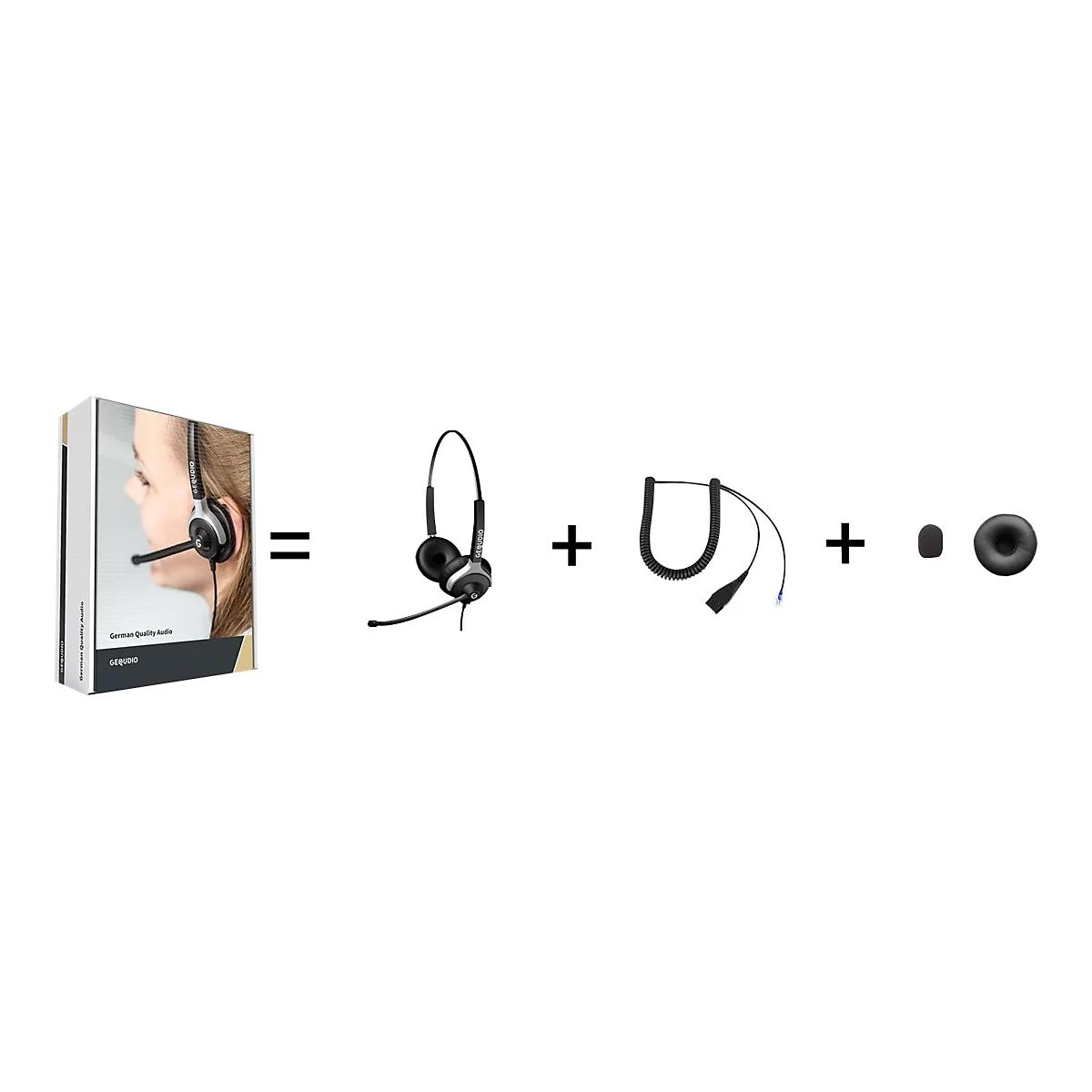 Produkt-Set: Headset, Zubehör und Verpackung. Details und Bestandteile vor weißem Hintergrund abgebildet.