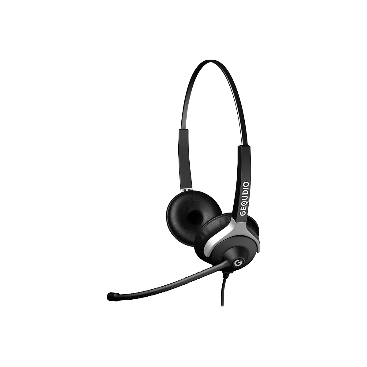 Schwarzes Headset mit Mikrofon, vor weißem Hintergrund. Auf dem Bügel steht 'GEQUDIO'.