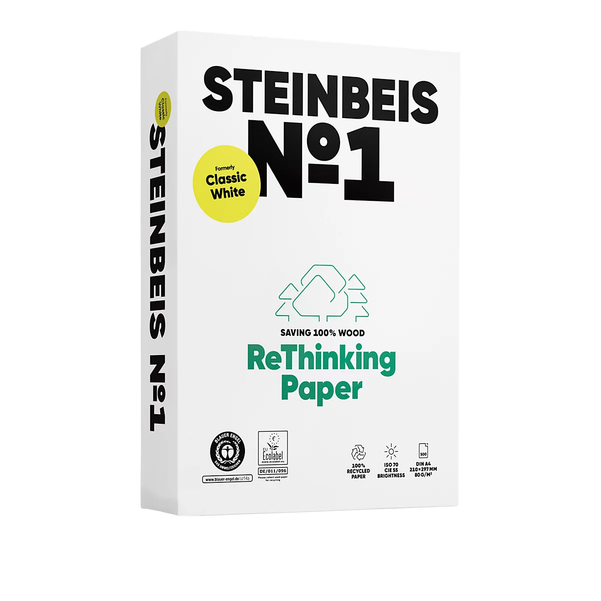 Papieren verpakking met "STEINBEIS N°1", "Classic White" en "ReThinking Paper" opdruk. Duurzaam papier.