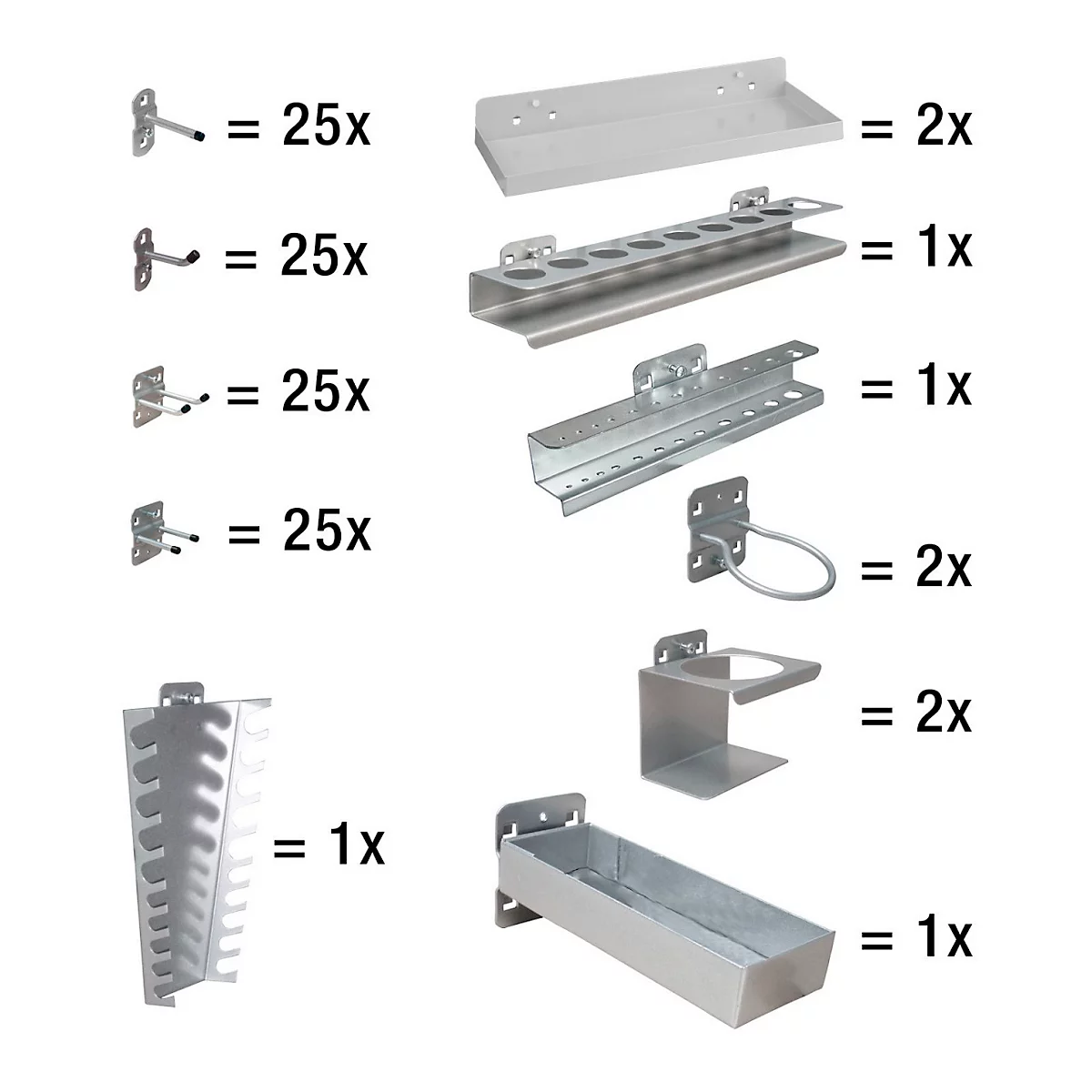 Gereedschaphouderset ADB, 110-delig, voor geperforeerde panelen met vierkante gaten 10 x 10 mm &amp; gatenafstand 38 mm, gepoedercoat staal, blank aluminium RAL 9006