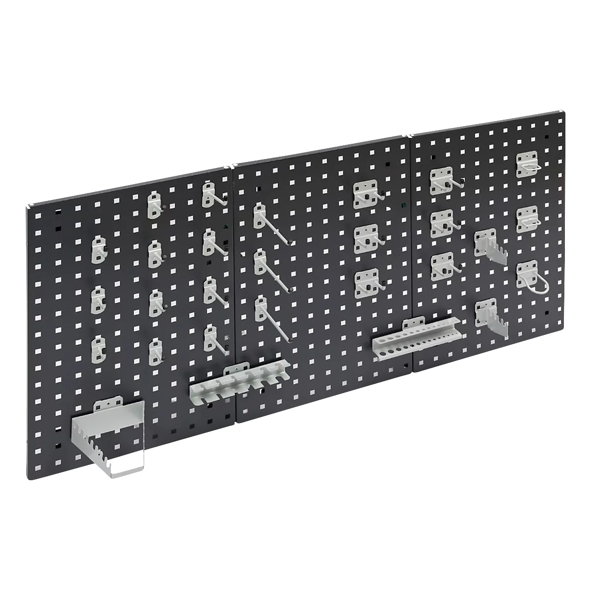 Gereedschaphouderset ADB, 28-delig, voor geperforeerde panelen met vierkante gaten 10 x 10 mm &amp; gatenafstand 38 mm, gepoedercoat staal, blank aluminium RAL 9006