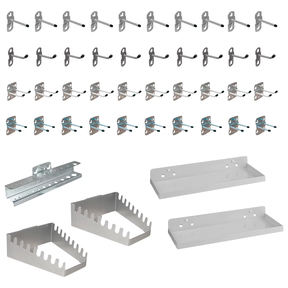 Gereedschaphouderset ADB, 45-delig, voor geperforeerde panelen met 4-kant perforatie &amp; 10 x 10 mm gatafstand, staal, poedercoating, alu wit RAL 9006