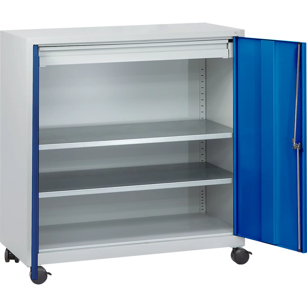 Gereedschapskast, met 4 wielen, 2 legplanken &amp; 1 lade, cilinderslot, B 1000 x D 500 x H 1000 mm, plaatstaal, lichtgrijs/gentiaanblauw