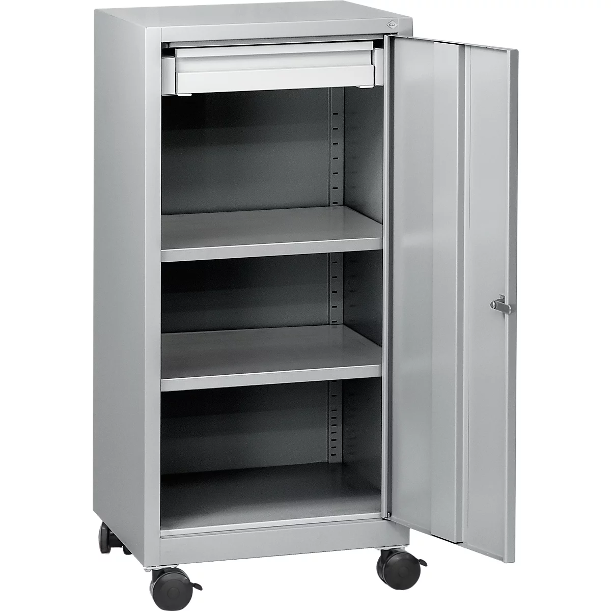 Gereedschapskast met wielen, vleugeldeur, 2 legborden, 1 lade, B 500 x D 500 x H 1000 mm, afsluitbaar, wit aluminium