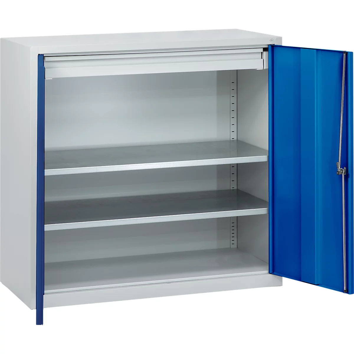 Gereedschapskast, veiligheidsslot, 2 legborden &amp; 1 lade, B 1000 x D 500 x H 1000 mm, plaatstaal, lichtgrijs/gentiaanblauw