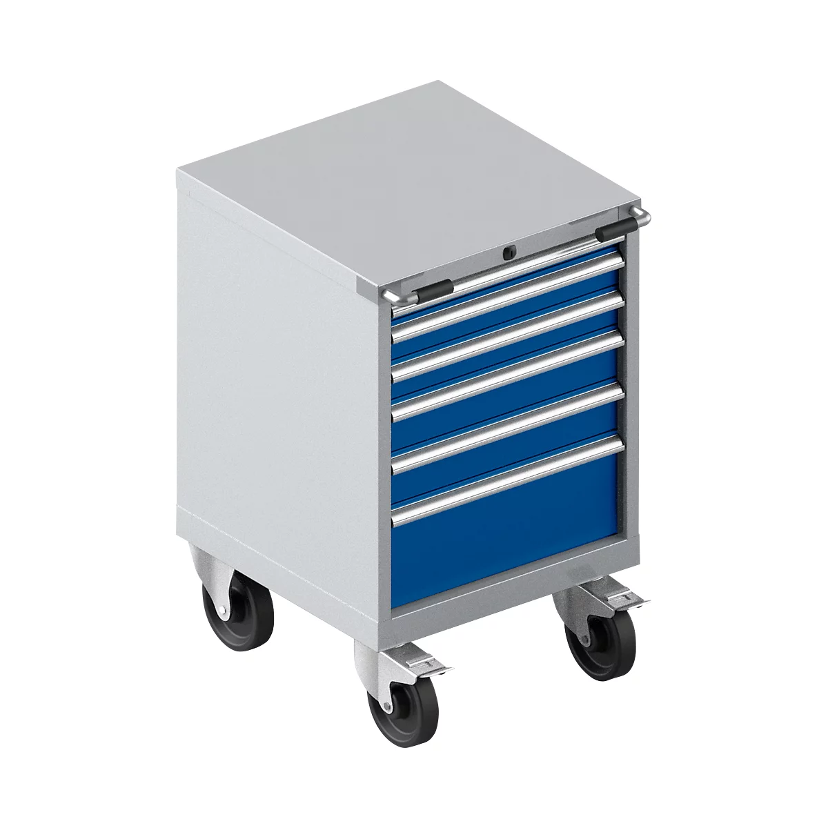 Gereedschapskast verrijdbaar WSK 27-27, 6 laden, H 870 mm, enkele vergrendeling, staal, wit aluminium/enziatisch blauw, 6 lades, H 870 mm.