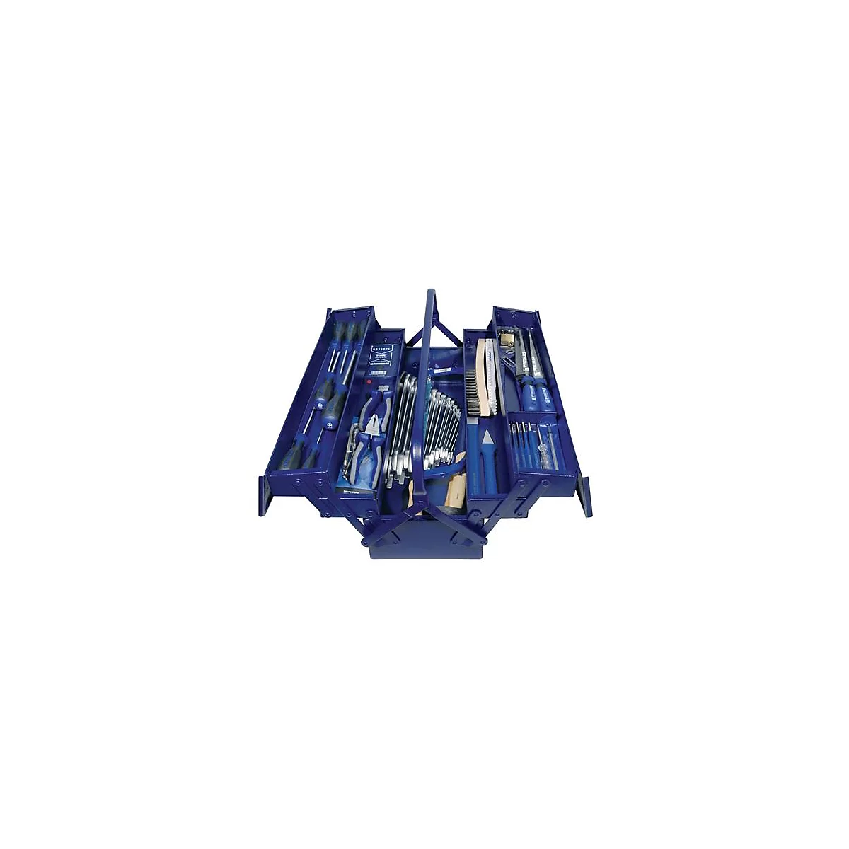 Gereedschapskist, incl. gereedschapsassortiment, 60 st, B 530 x D 200 x H 200 mm, plaatstaal, blauw