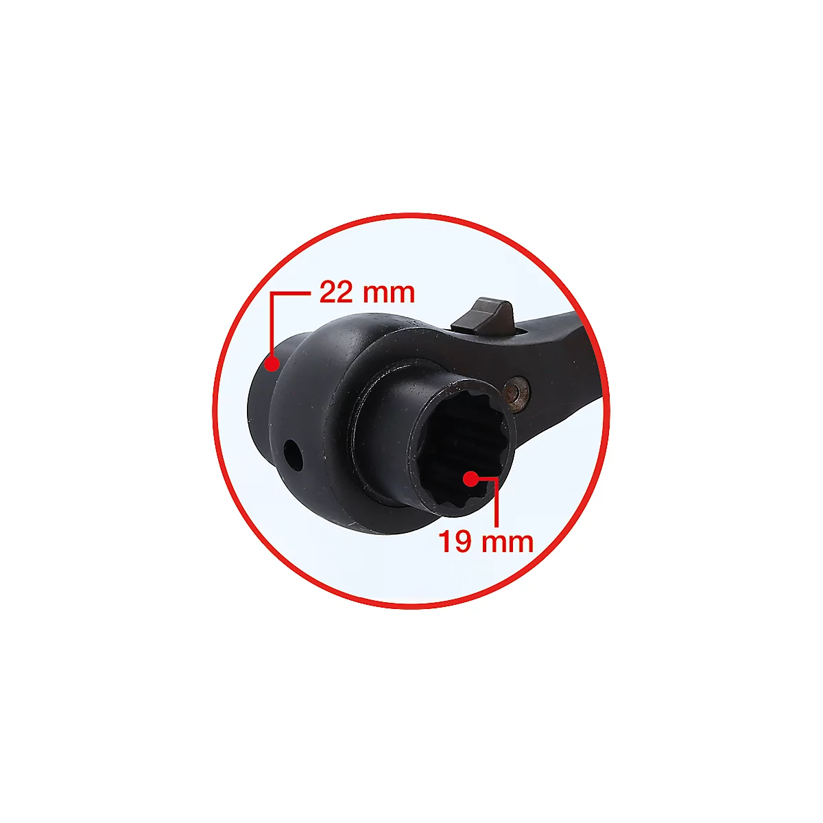 Detailaufnahme eines schwarzen Ratschenschlüssels. Die Maße sind mit 22 mm und 19 mm angegeben.