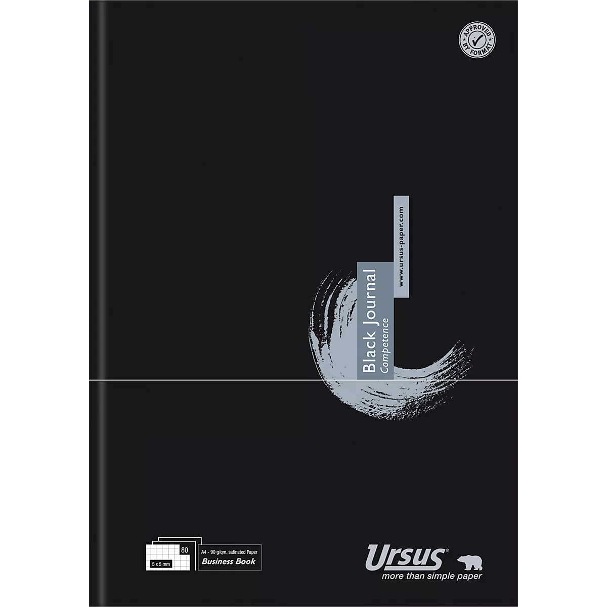 Schwarzes Notizbuch mit weißer Pinselstrich-Grafik und "Black Journal" Schriftzug. Logo von Ursus Paper.