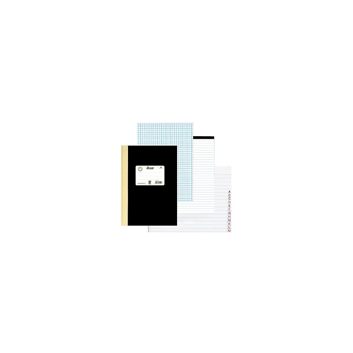 Schwarzes Notizbuch neben karierten und linierten Papieren. Label mit Schriftzug, Barcode.