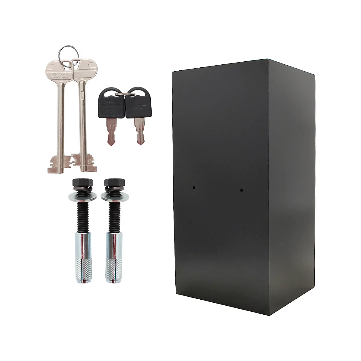 Schwarzer Stahlschrank mit Schlüsseln und Schrauben.