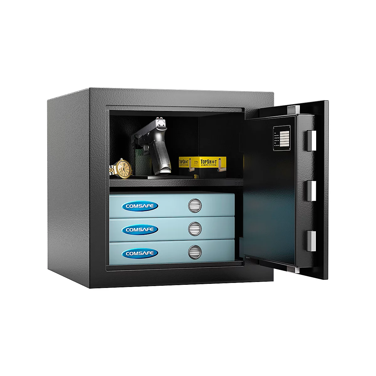 Geöffnete schwarze Tresortür mit Pistole, Uhr und Ordnern mit COM-SAFE-Logo.