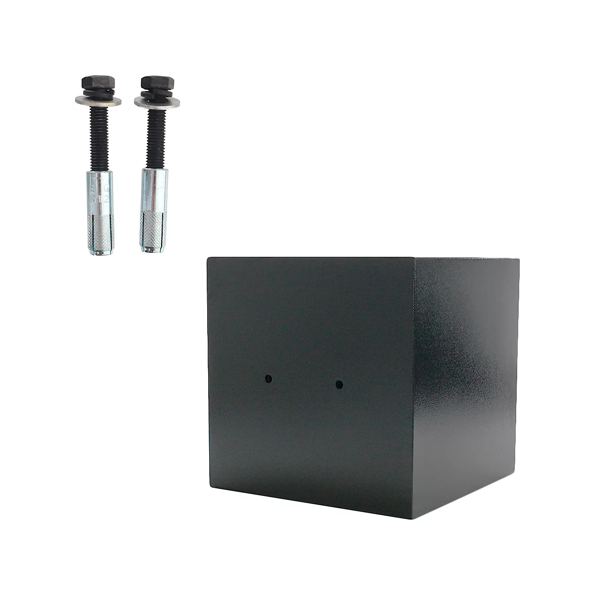 Dunkelgrauer Metallwürfel mit zwei Schrauben und Schraubbolzen.