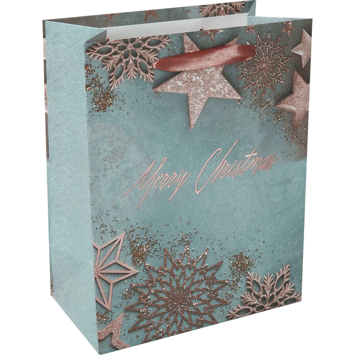 Geschenktasche Sigel Glamorous Christmas, Sterne, Bodeneinlage, Seidenbandgriffe, B 180 x T 100 x H 230 mm, Weißkarton/Kunststoff, blau-kupfer, 1 Stück