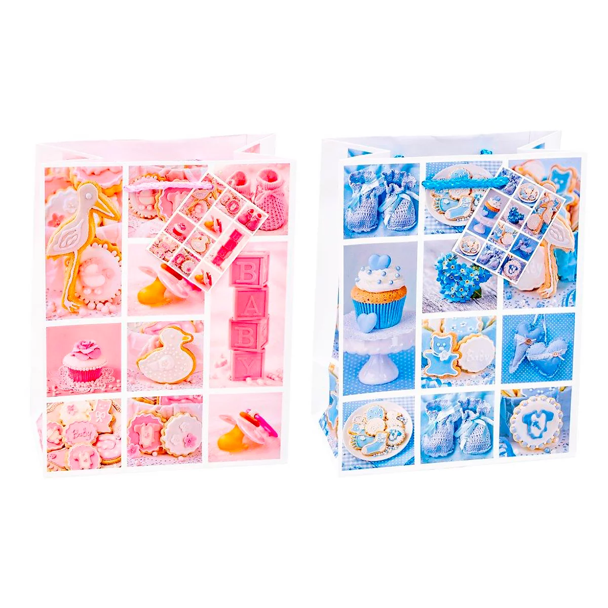 Geschenktasje foto motief 'Baby', formaat A5, met draagkoord &amp; label, B 180 x D 100 x H 230 mm, PP-folie, roze-blauw, 12 stuks assorti