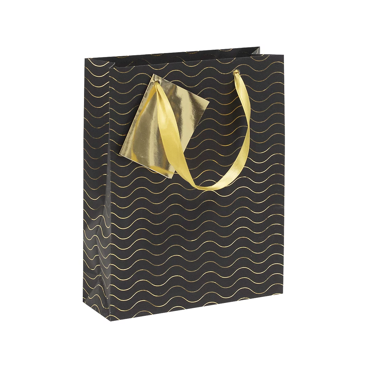 Geschenktüte CLAIREFONTAINE Premium Max & Moi Arabesk, Grösse M, Satin-Tragebänder, Beschriftungsschild, reissfest, PP-beschichtet, schwarz/gold, 5 Stk.