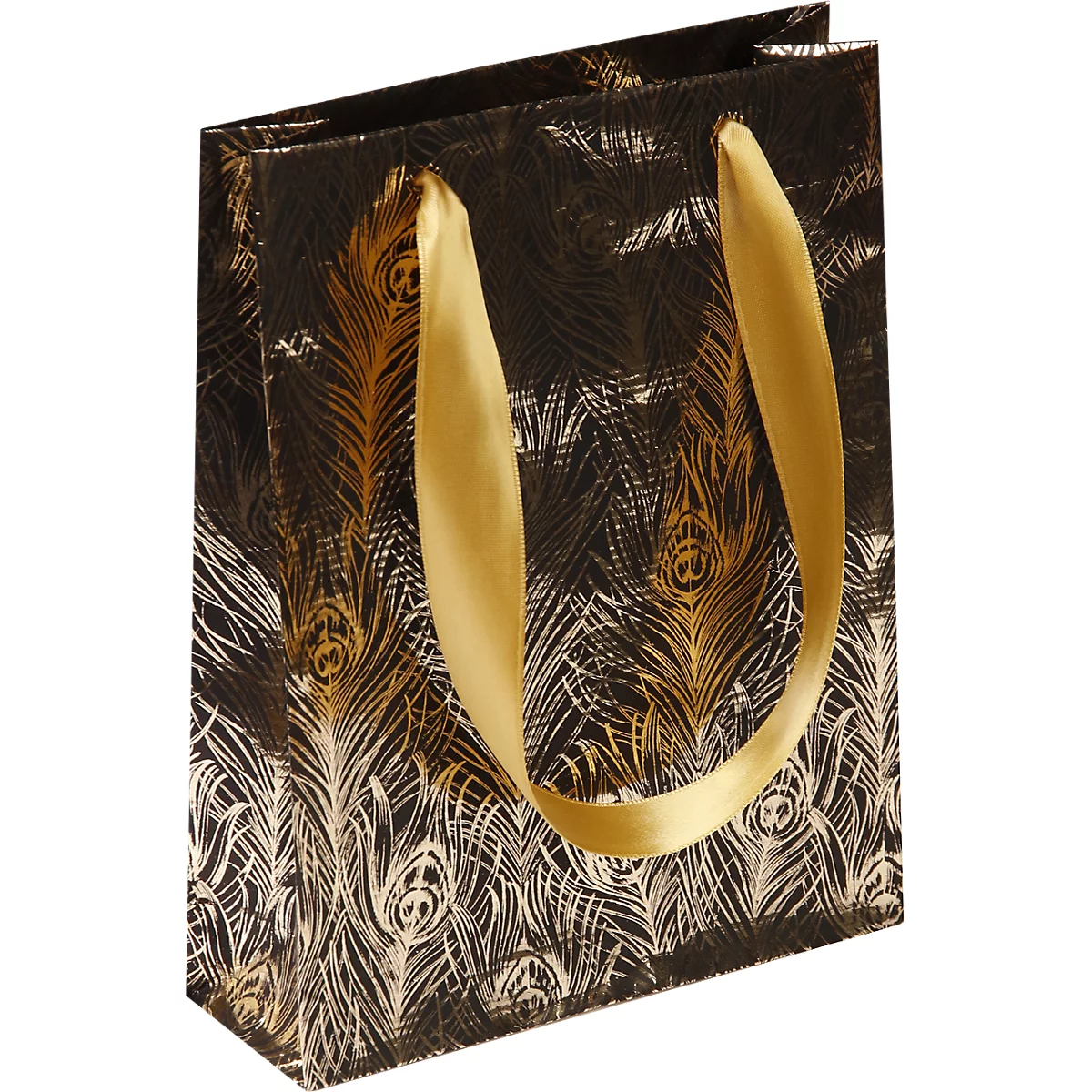 Geschenktüte CLAIREFONTAINE Premium Travel, Grösse M, Satin-Tragebänder, Beschriftungsschild, reissfest, PP-beschichtet, schwarz-gold, 5 Stk.