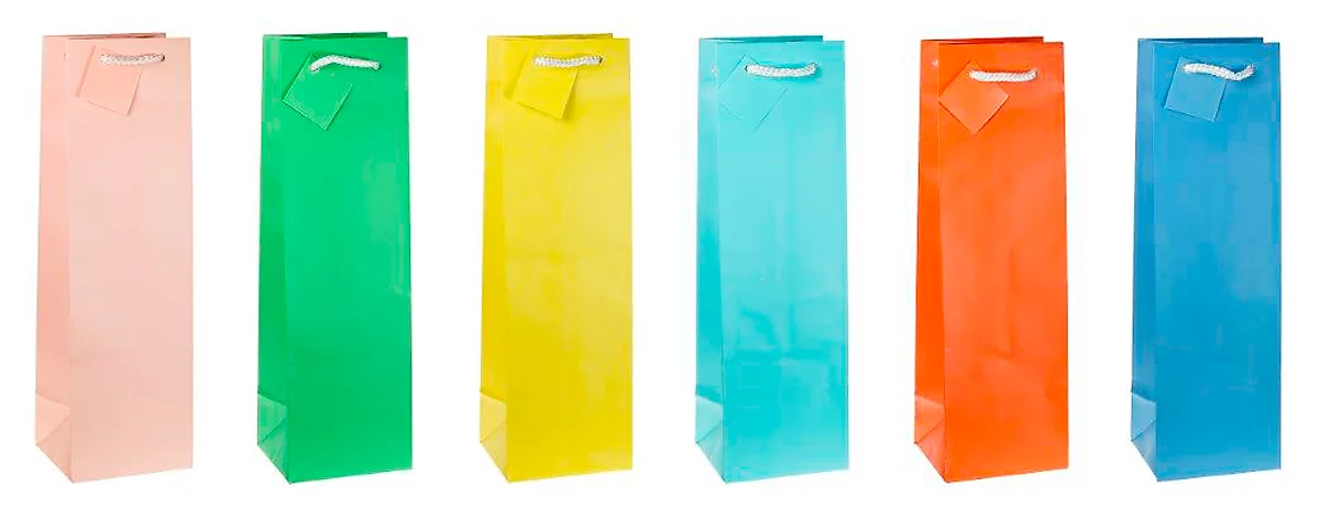 Geschenktüte für Flaschen „Trendfarben“, mit Tragekordel & Beschriftungsschild, B 100 x T 90 x H 330 mm, PP-Folie, 12 Stück farbsortiert