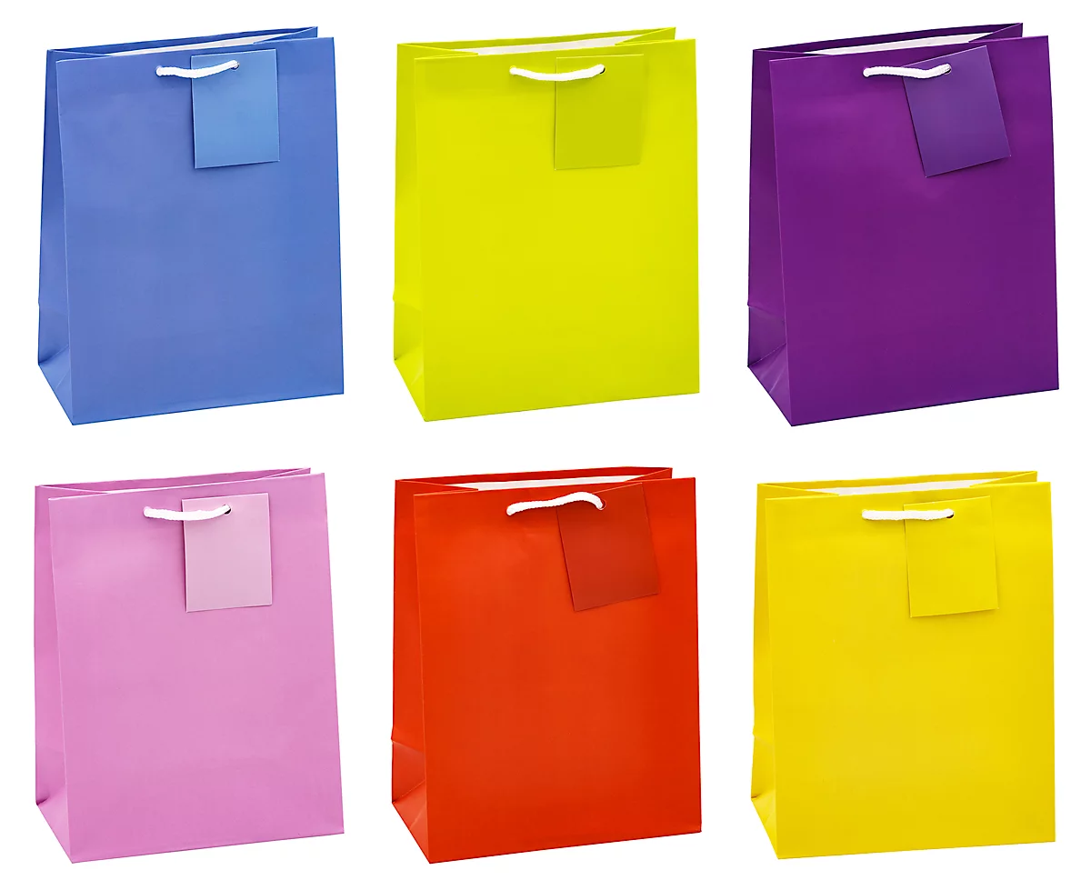 Geschenktüte „Trendfarben“, Format A5, mit Tragekordel & Beschriftungsschild, B 180 x T 100 x H 230 mm, PP-Folie, 12 Stück farbsortiert