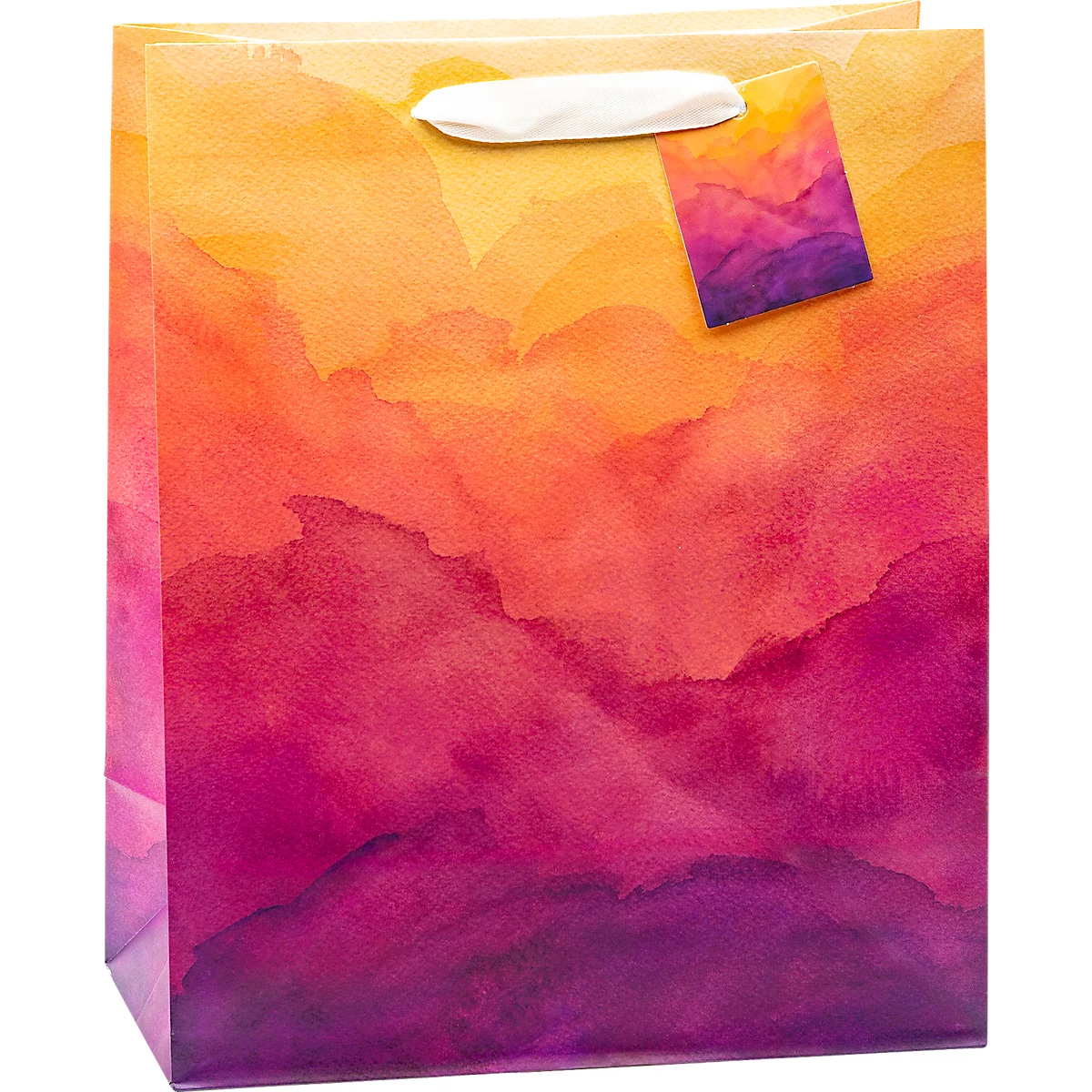 Geschenktüte mit Aquarellfarben in Orange, Pink und Lila. Tragegriff und Anhänger.