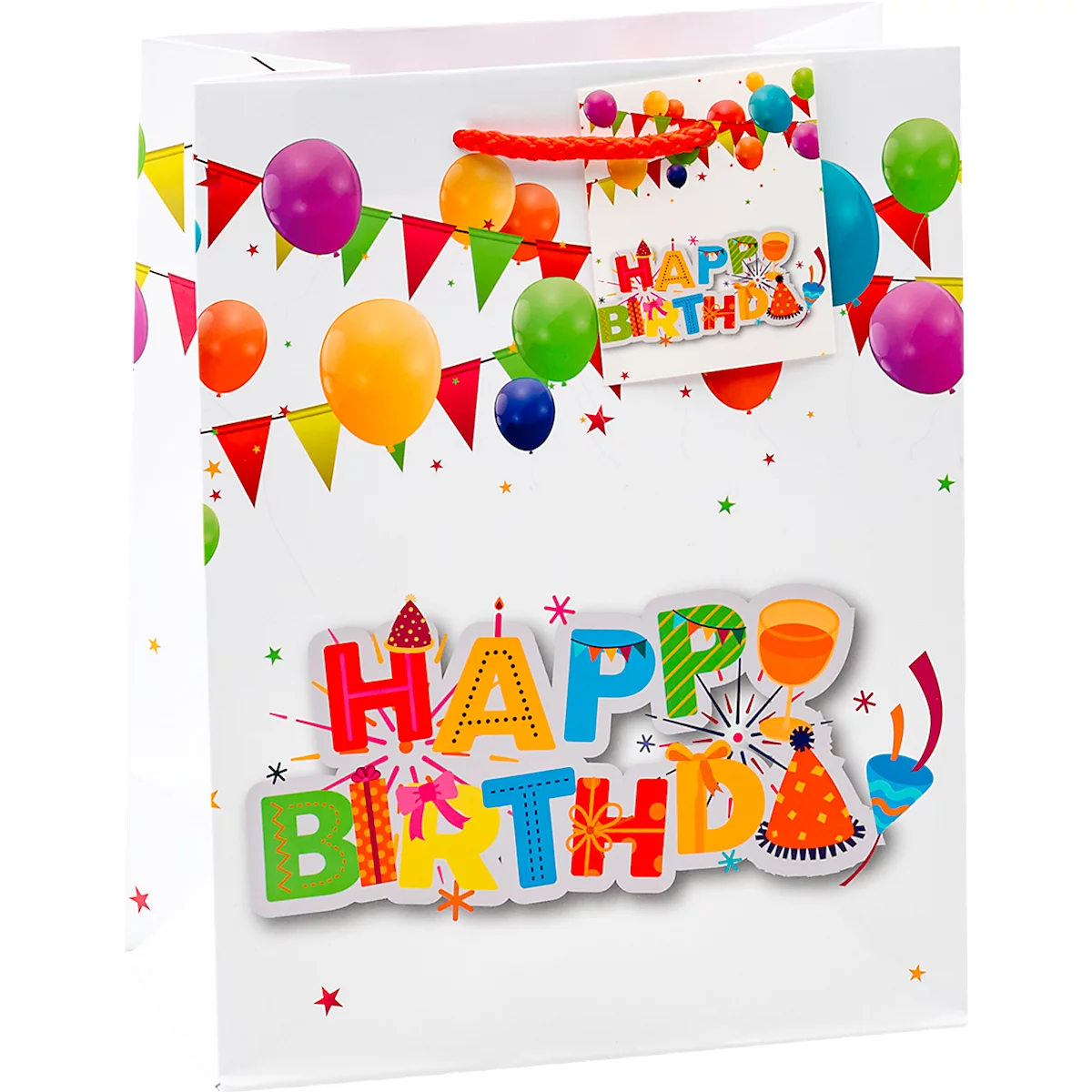 Weiße Geburtstagstüte mit bunten Luftballons, Wimpeln und "Happy Birthday" Schriftzug.