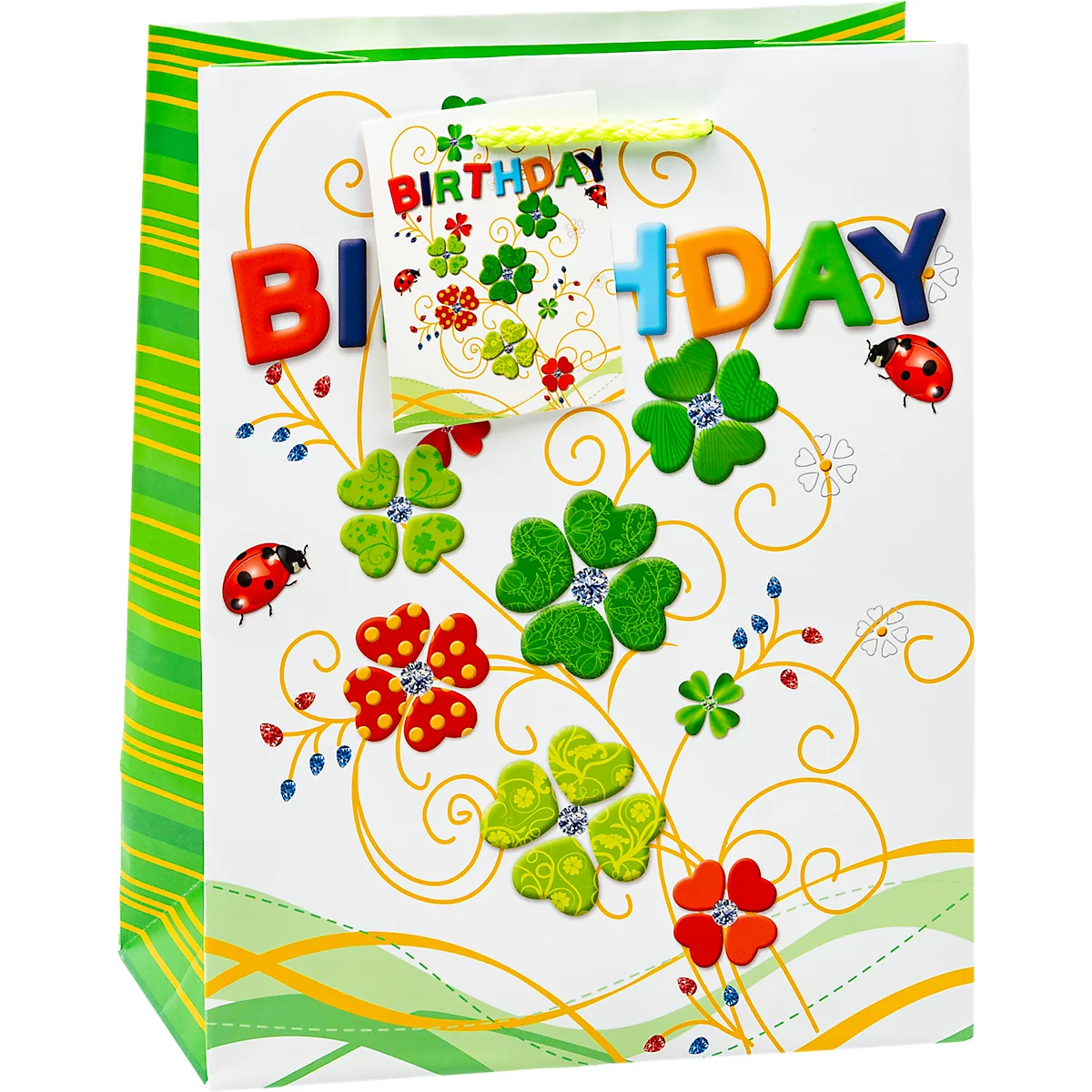 Geburtstagsgeschenktüte mit Kleeblättern, Marienkäfern und 'Birthday'-Schriftzug.