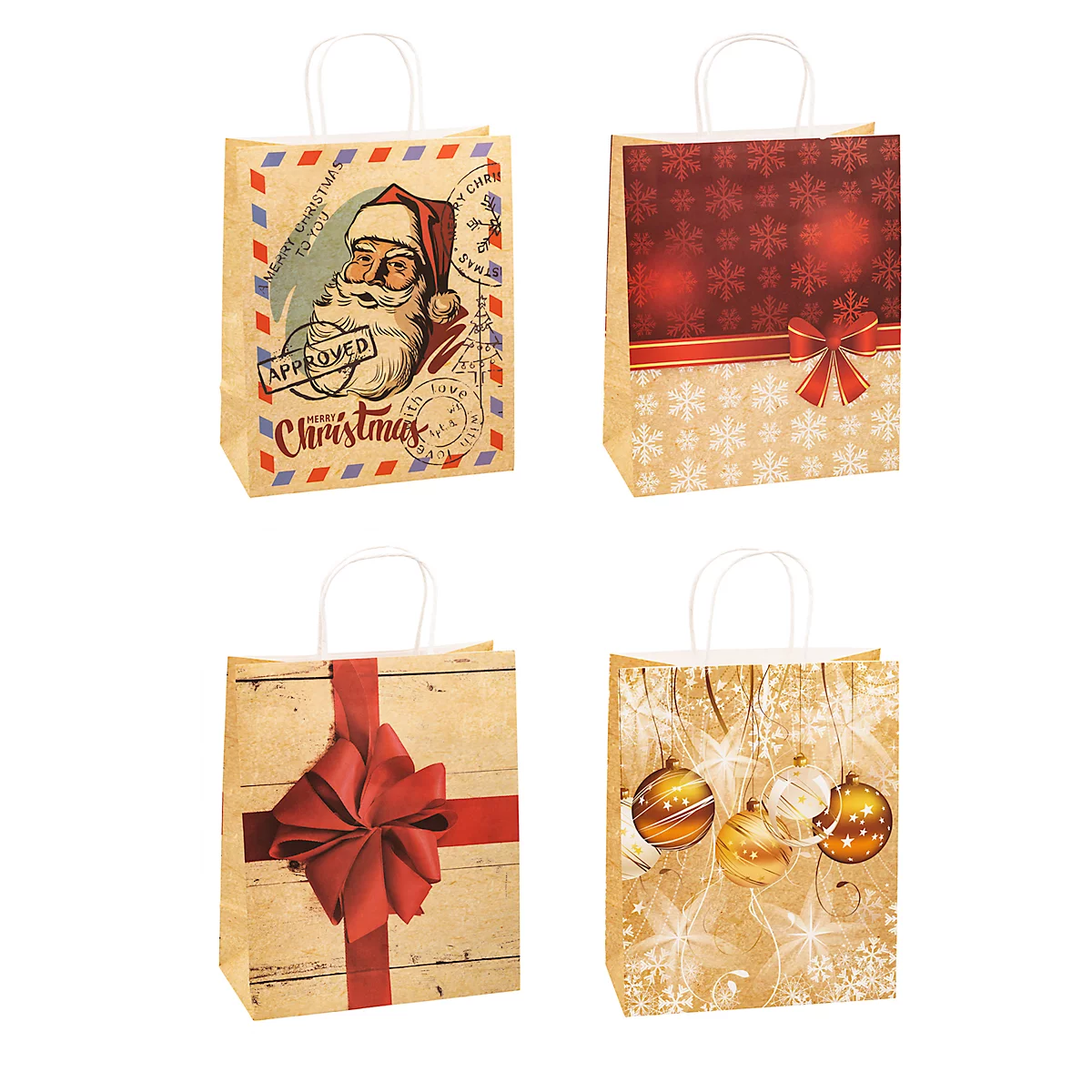 Vier Geschenkttüten mit Weihnachtsdesign. Eine zeigt den Weihnachtsmann, eine Schneeflocken, eine Schleife und eine Kugeln.