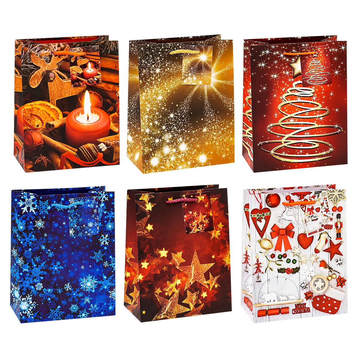 Geschenktüten Weihnachten TSI Serie 8, 6 verschiedene Motive, mit Griffkordel, medium, B 180 x T 100 x H 230 mm, farbsortiert, 12 Stück