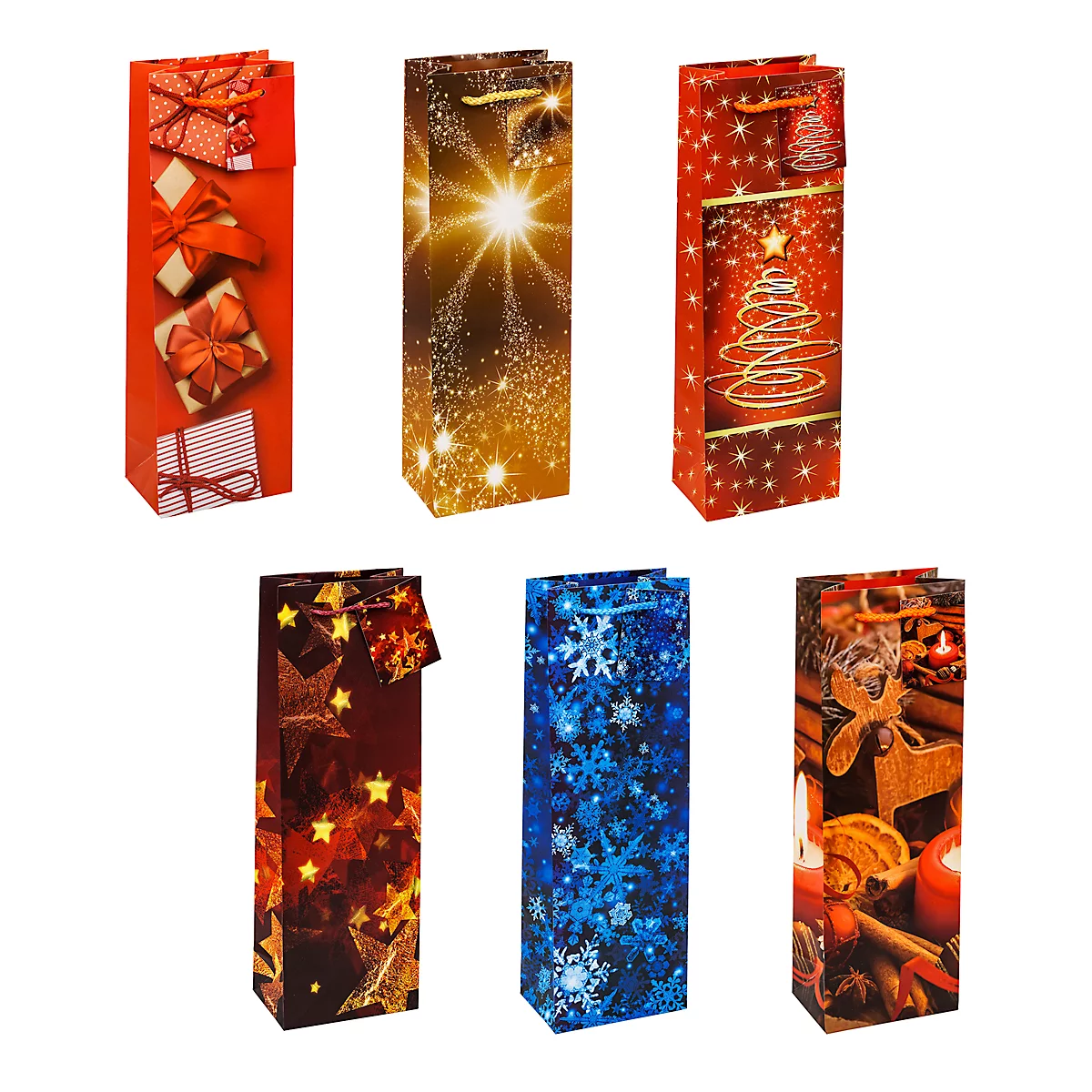 Geschenktüten Weihnachten TSI Serie 8, für Flaschen, 6 verschiedene Motive, mit Griffkordel, B 120 x T 80 x H 360 mm, farbsortiert, 12 Stück