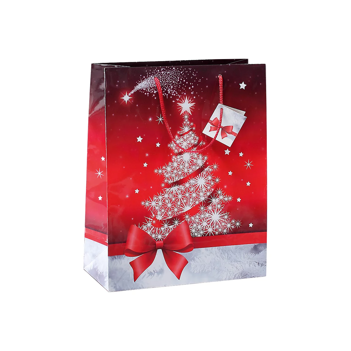Geschenkzak Sigel Sparkling Tree, met koorden & geschenklabel, papier, rood met kerstboom, klein