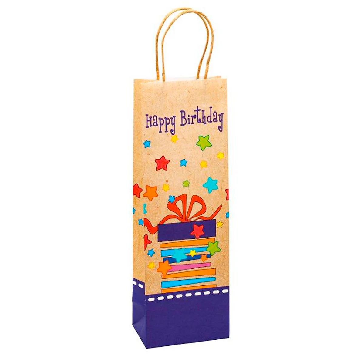 Geschenkzakje voor flesjes 'Happy Birthday', met draagkoord, B 120 x D 80 x H 360 mm, kraftpapier, beige &amp; bedrukt in kleur, 6 stuks