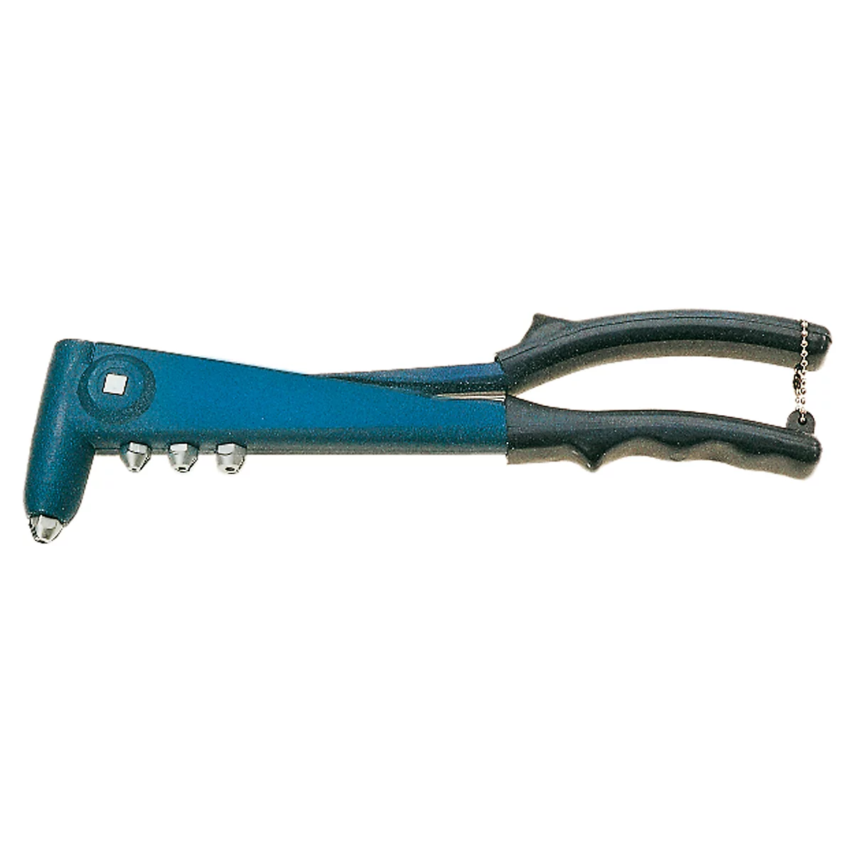 Riveting tool, blue housing, black handles, silver rivets. A chain is attached to the end of the handles.