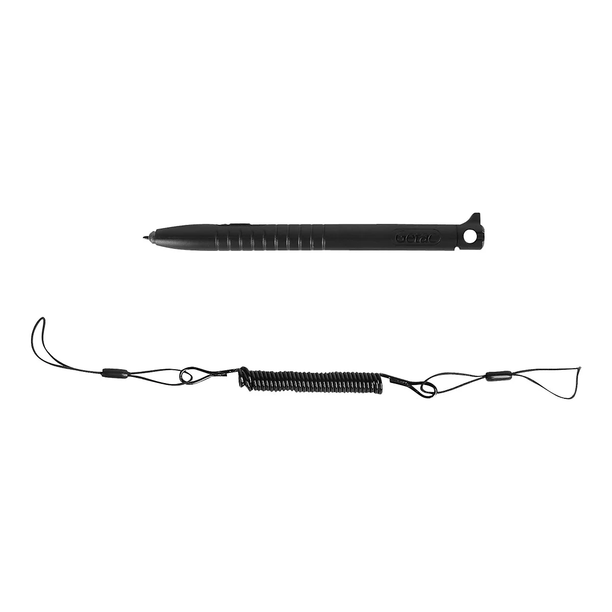 Schwarzer Stylus mit Feder, Spiralkabel. Getac-Logo. Zubehör für Tablets.