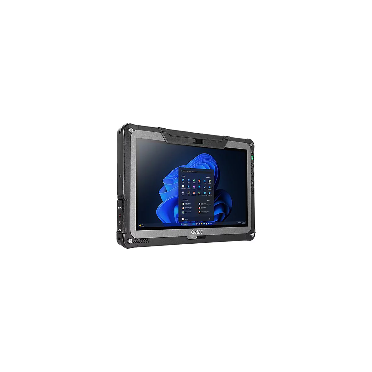 Robuster Tablet-PC, grau-schwarz, Windows-Oberfläche, Getac-Logo, an der Seite Knöpfe.