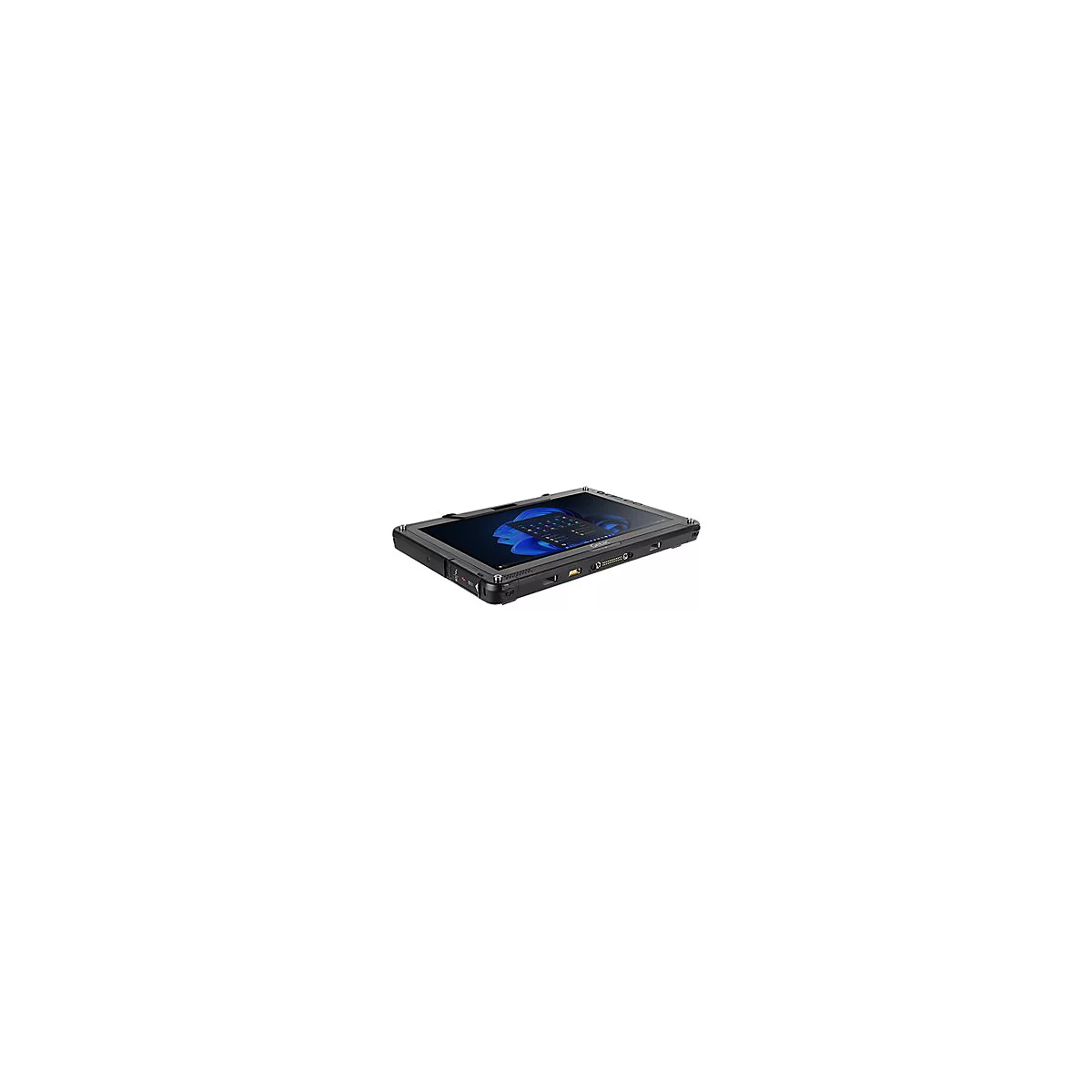 Schwarzes Tablet mit Windows-Oberfläche, robustes Design. Diverse Anschlüsse und Knöpfe.