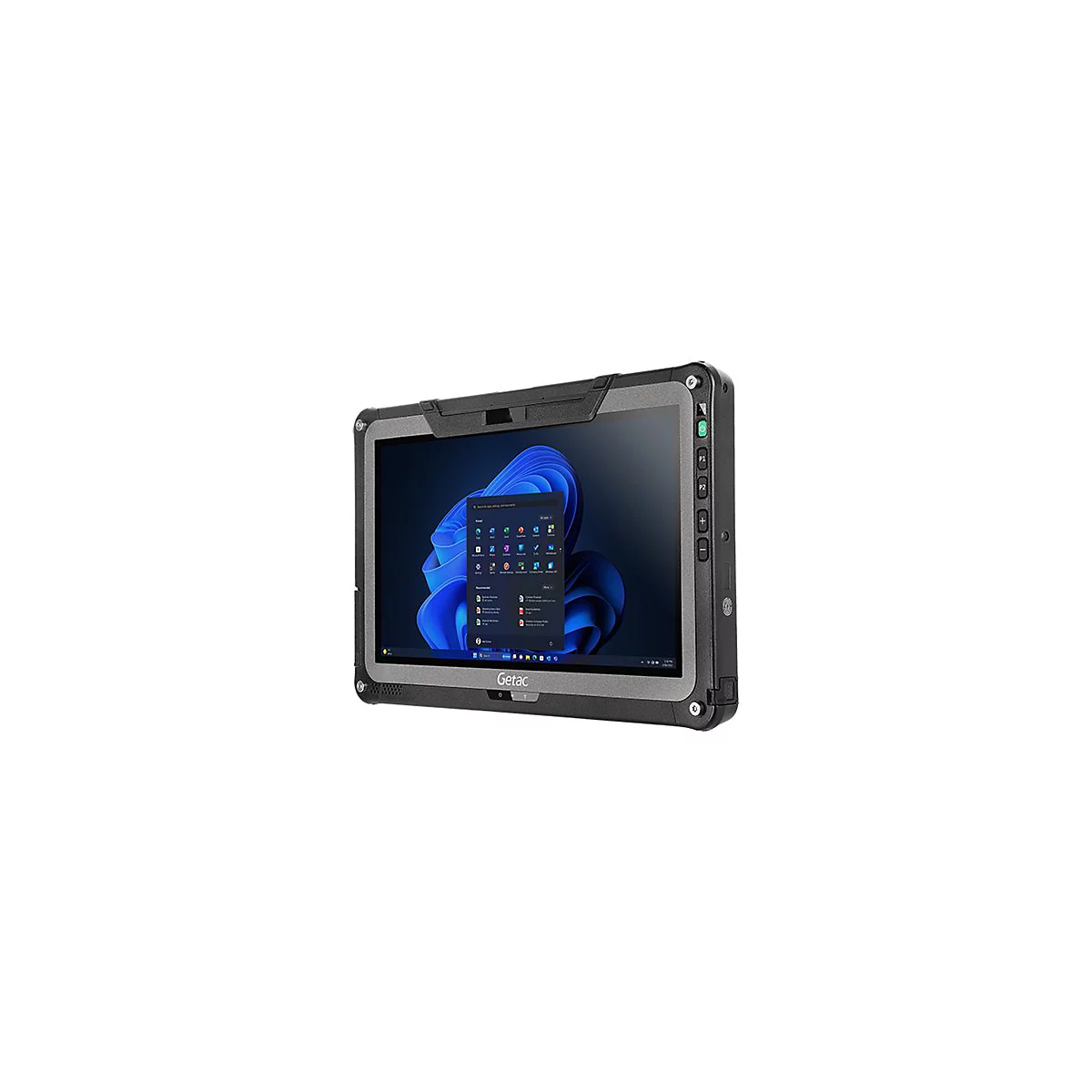 Robustes Tablet mit schwarzem Gehäuse und Windows-Oberfläche. Das Display zeigt Apps. Auf der Seite befinden sich Knöpfe.