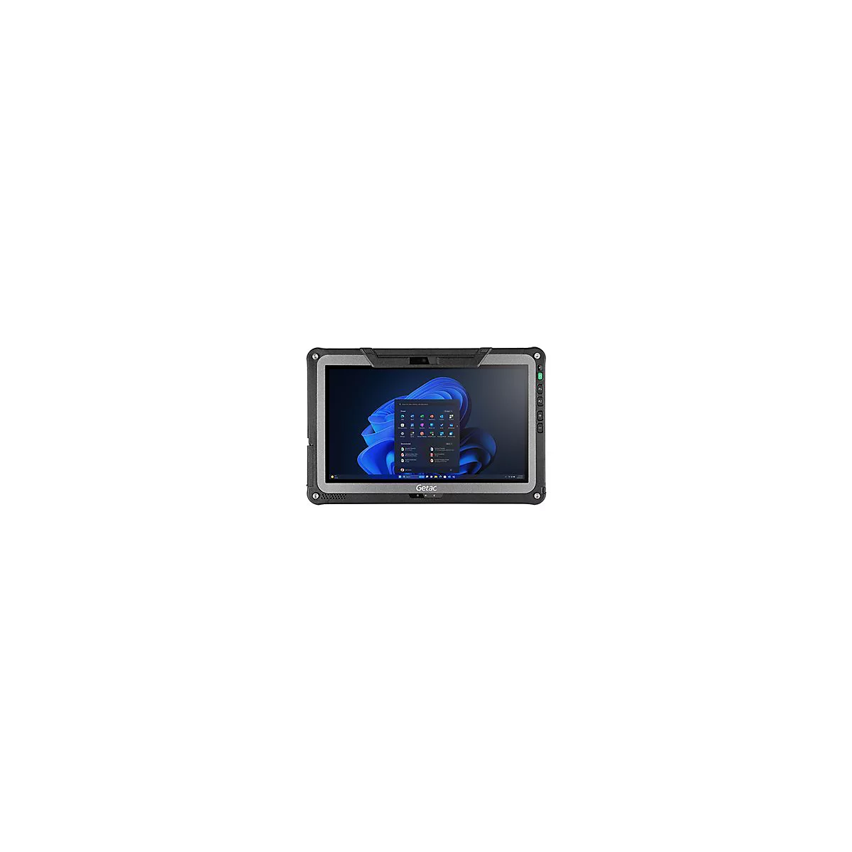 Robustes Tablet-PC mit Windows-Betriebssystem, schwarzem Gehäuse und Bildschirm mit App-Icons.