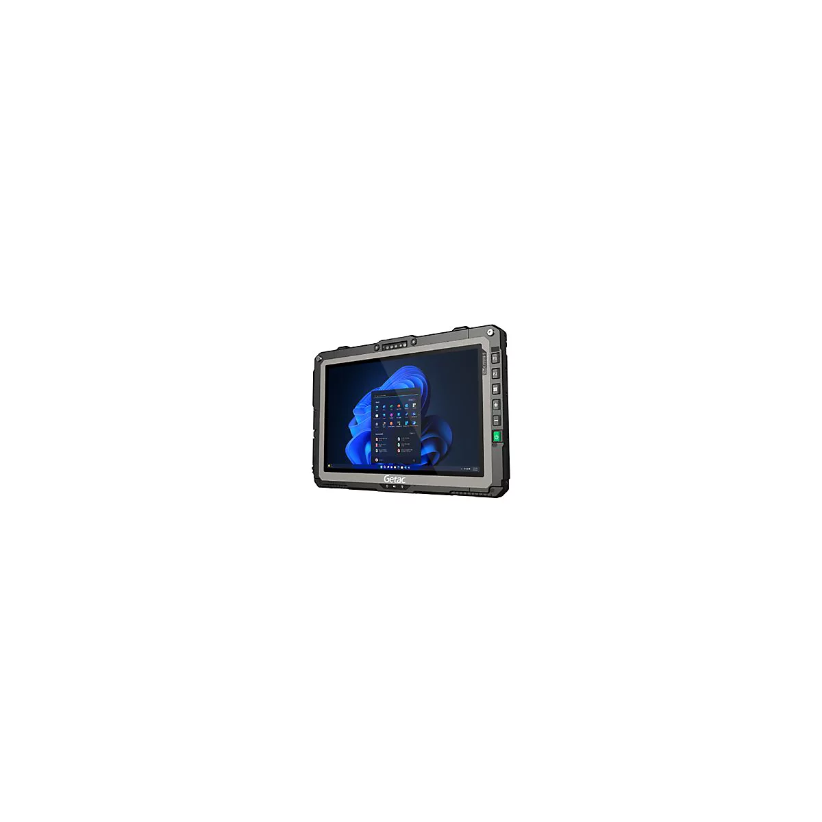 Robustes Tablet-PC, grau-schwarz, mit Windows 11 Oberfläche. Auf dem Bildschirm, das Getac Logo, das auf der linken Seite platziert ist.