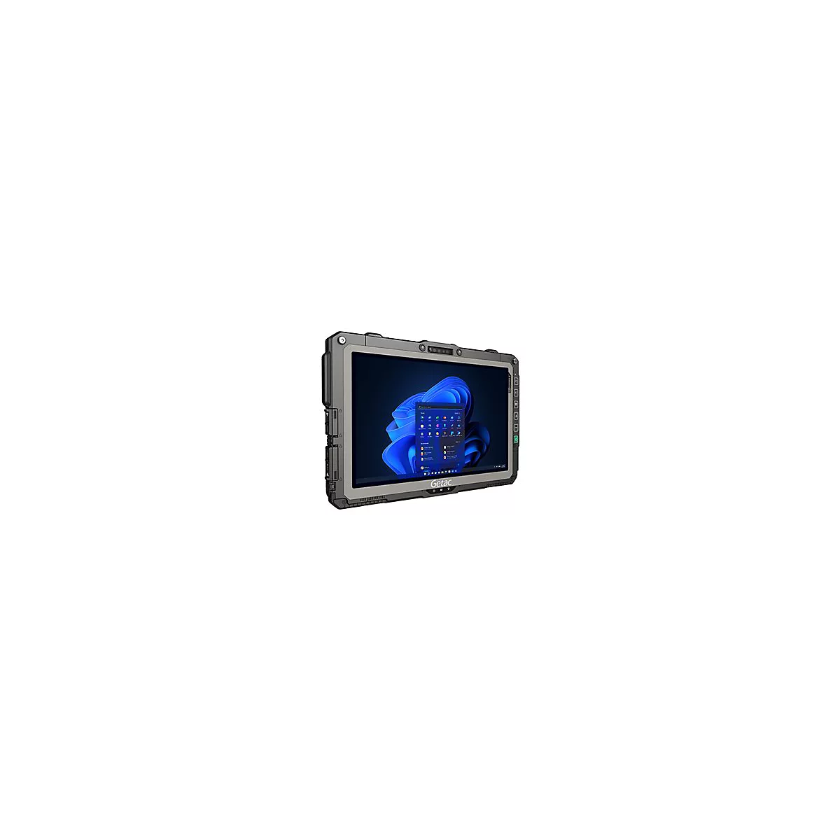 Graues, robustes Tablet mit Bildschirm. Auf dem Bildschirm ist die Windows-Oberfläche zu sehen, das Logo der Marke Getac unten.