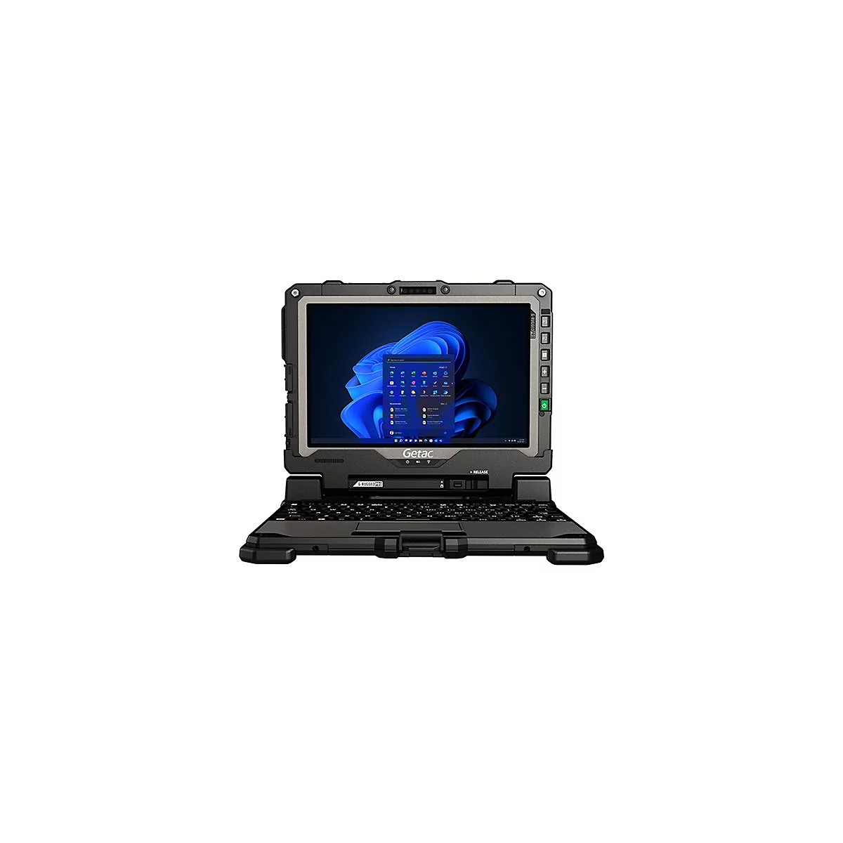 Robuster Laptop mit Windows-Startbildschirm, grau-schwarz, Tasten und seitliche Bedienelemente sichtbar.