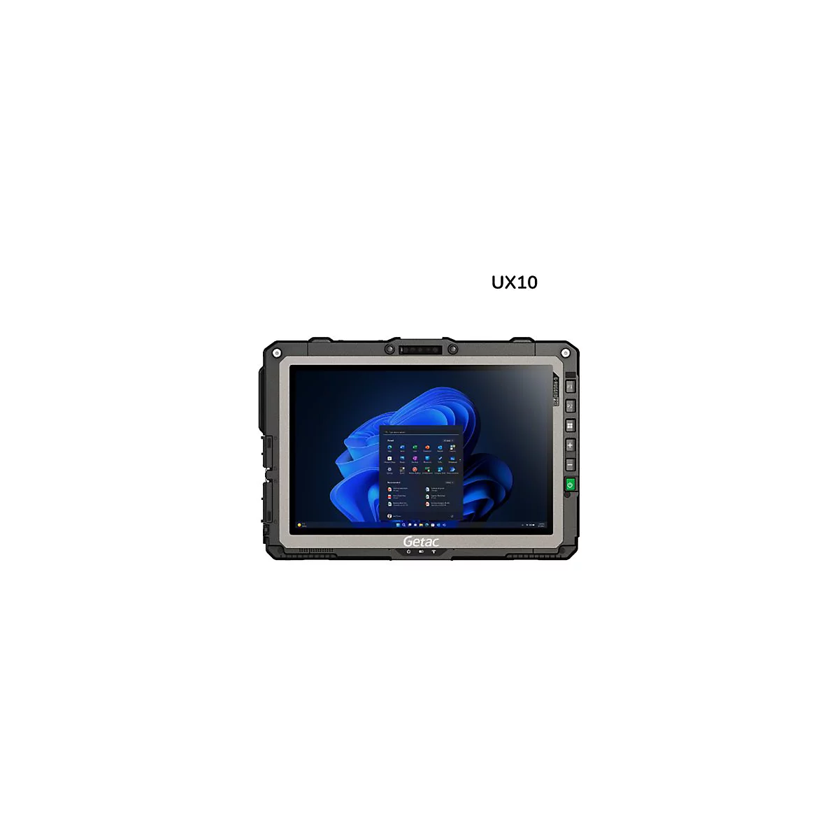 Robustes Tablet-PC UX10 von Getac. Der Bildschirm zeigt Windows 11 mit App-Symbolen.