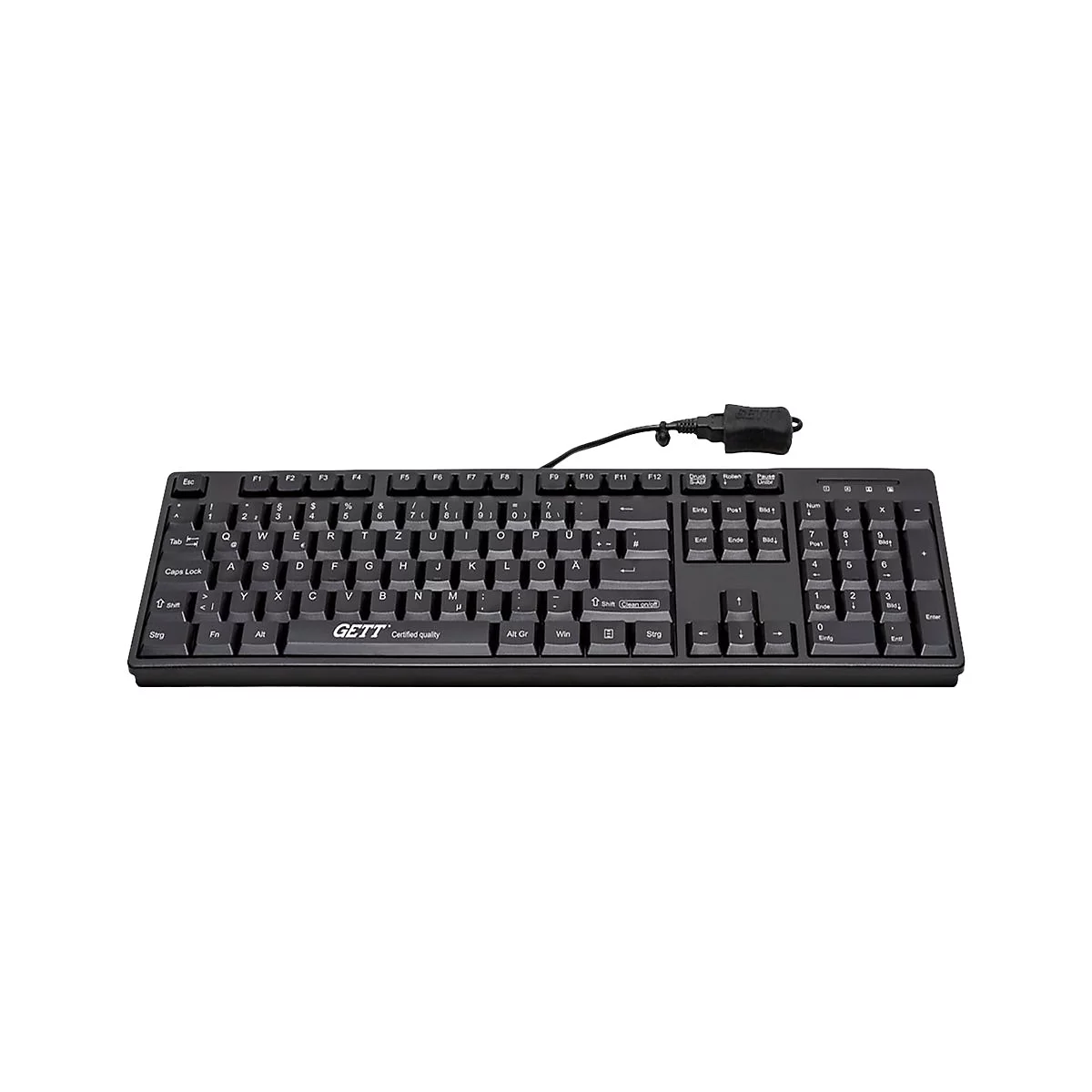 Schwarze, kabelgebundene Tastatur der Marke Gett mit deutschem QWERTZ-Layout vor weißem Hintergrund.