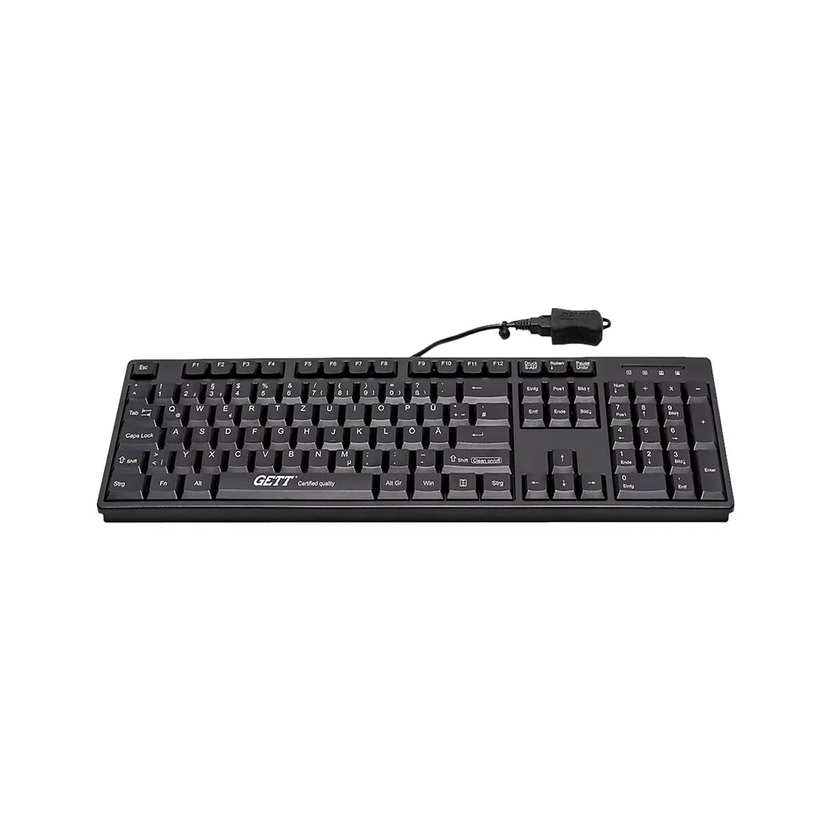Schwarze, kabelgebundene Tastatur der Marke GETT mit deutschem Tastenlayout vor weißem Hintergrund.