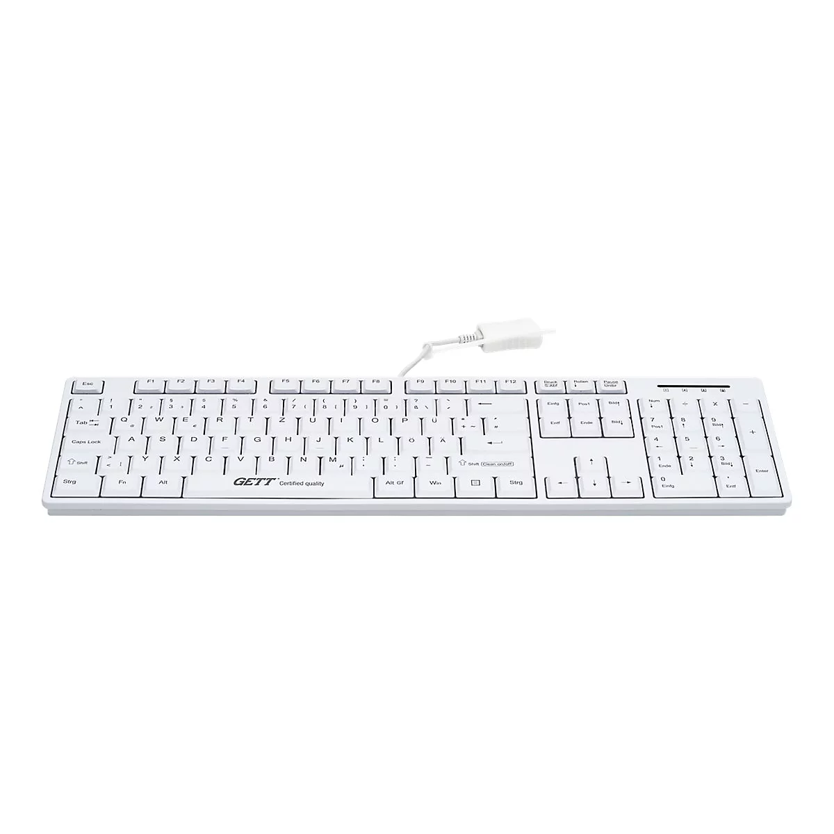 Weiße, kabelgebundene Tastatur mit deutschem Layout und GETT-Logo auf weißem Hintergrund.