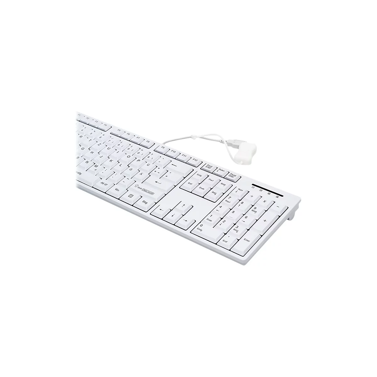 Weiße Computertastatur mit Kabel und USB-Anschluss vor neutralem Hintergrund.