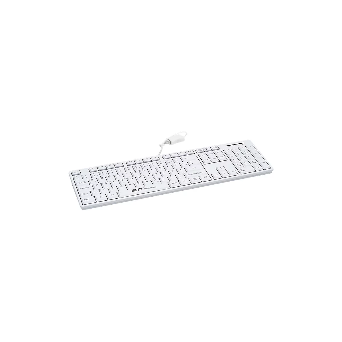 Weiße, kabelgebundene GETT Tastatur mit QWERTZ-Layout auf weißem Hintergrund.
