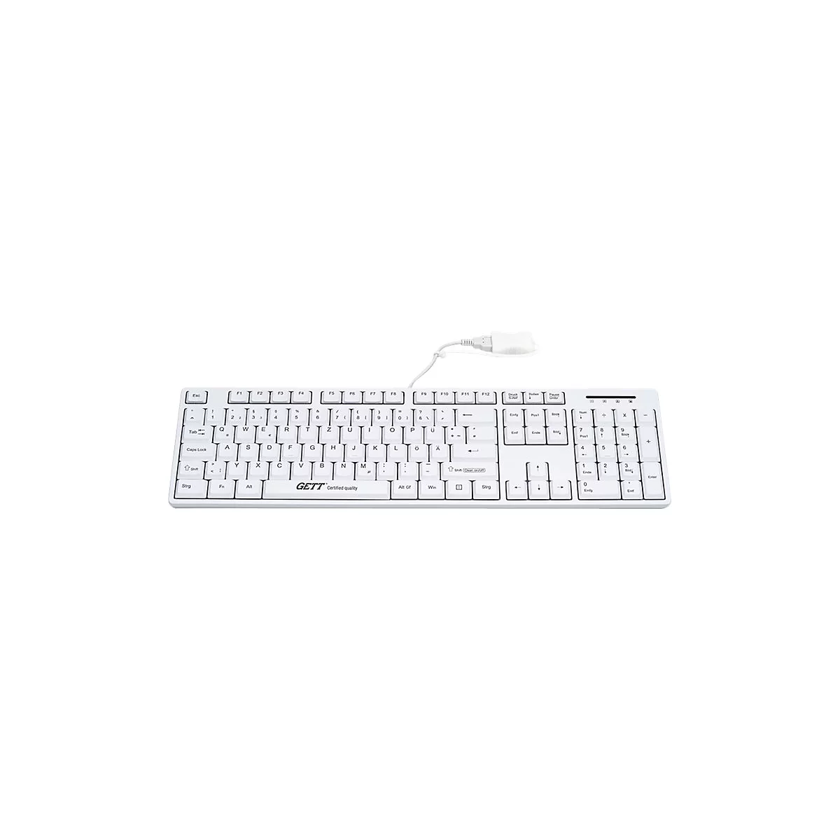 Weiße, kabelgebundene Tastatur von GETT mit deutschem Layout und USB-Anschluss vor neutralem Hintergrund.