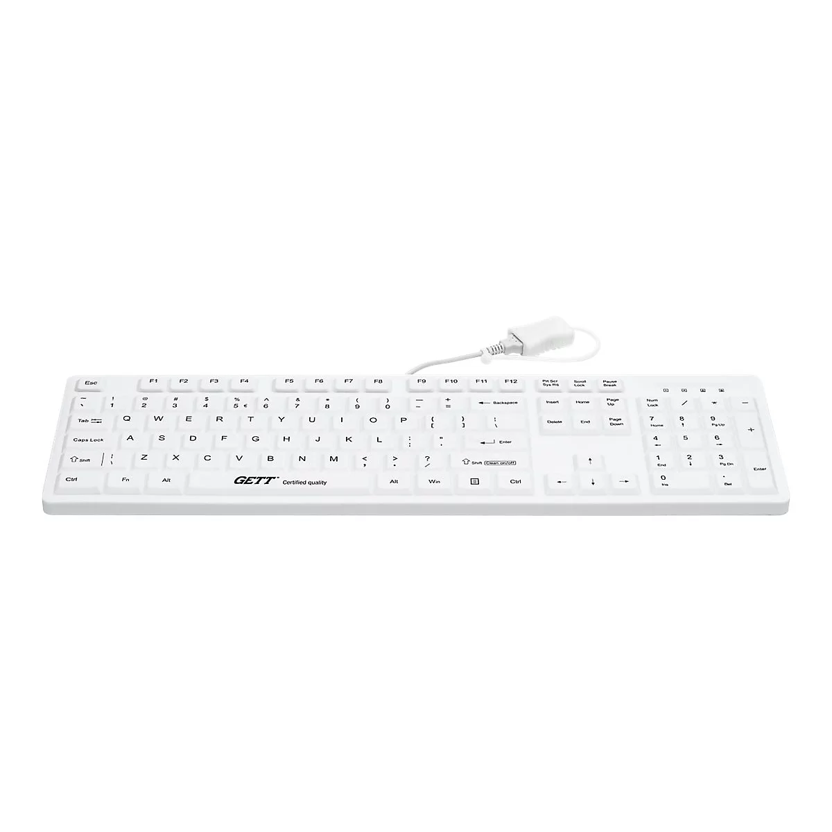 Weiße, wasserdichte Computertastatur mit Kabel und dem Firmenlogo GETT auf der Unterseite.