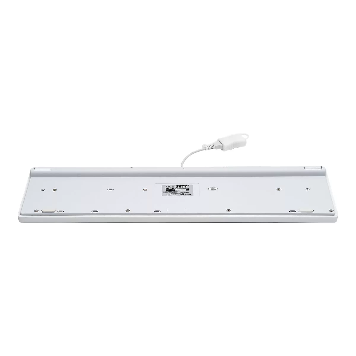 Rückseite einer weißen, kabelgebundenen Tastatur mit USB-Anschluss auf weißem Grund.